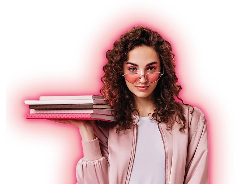 Estudiante universitaria con libros, fibra óptica rápida y barata