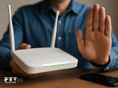 Persona deteniendo una estafa relacionada con el cambio de router, junto a un dispositivo de red y un teléfono móvil sobre la mesa.