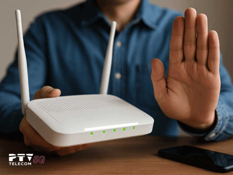 Persona deteniendo una estafa relacionada con el cambio de router, junto a un dispositivo de red y un teléfono móvil sobre la mesa.